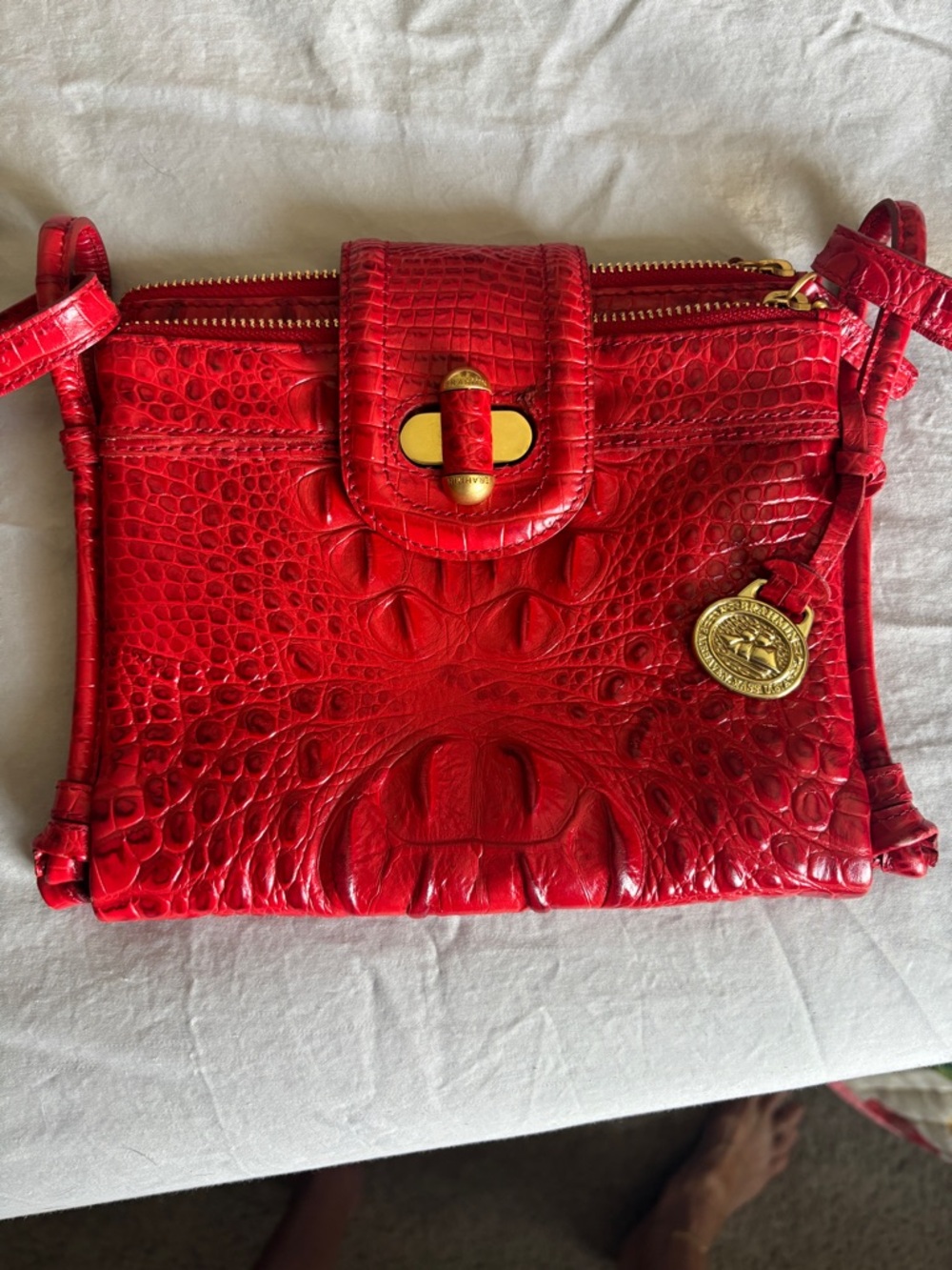 Brahmin Red Croc-Embossed Leather Crossbody Bag with Gold Medallion